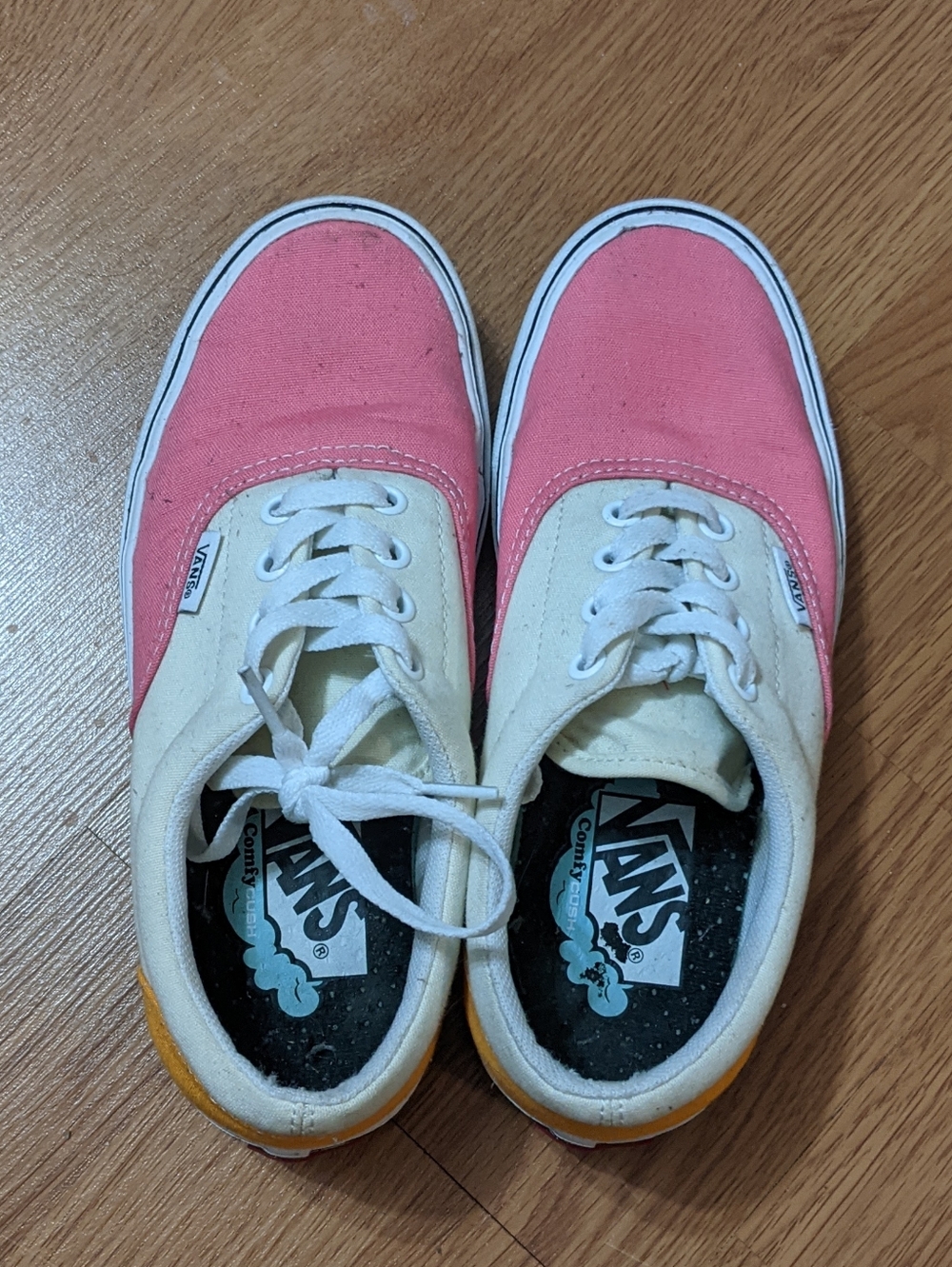 Vans Pink and Cream Comfy Cush Sneakers with Yellow Heel Accent